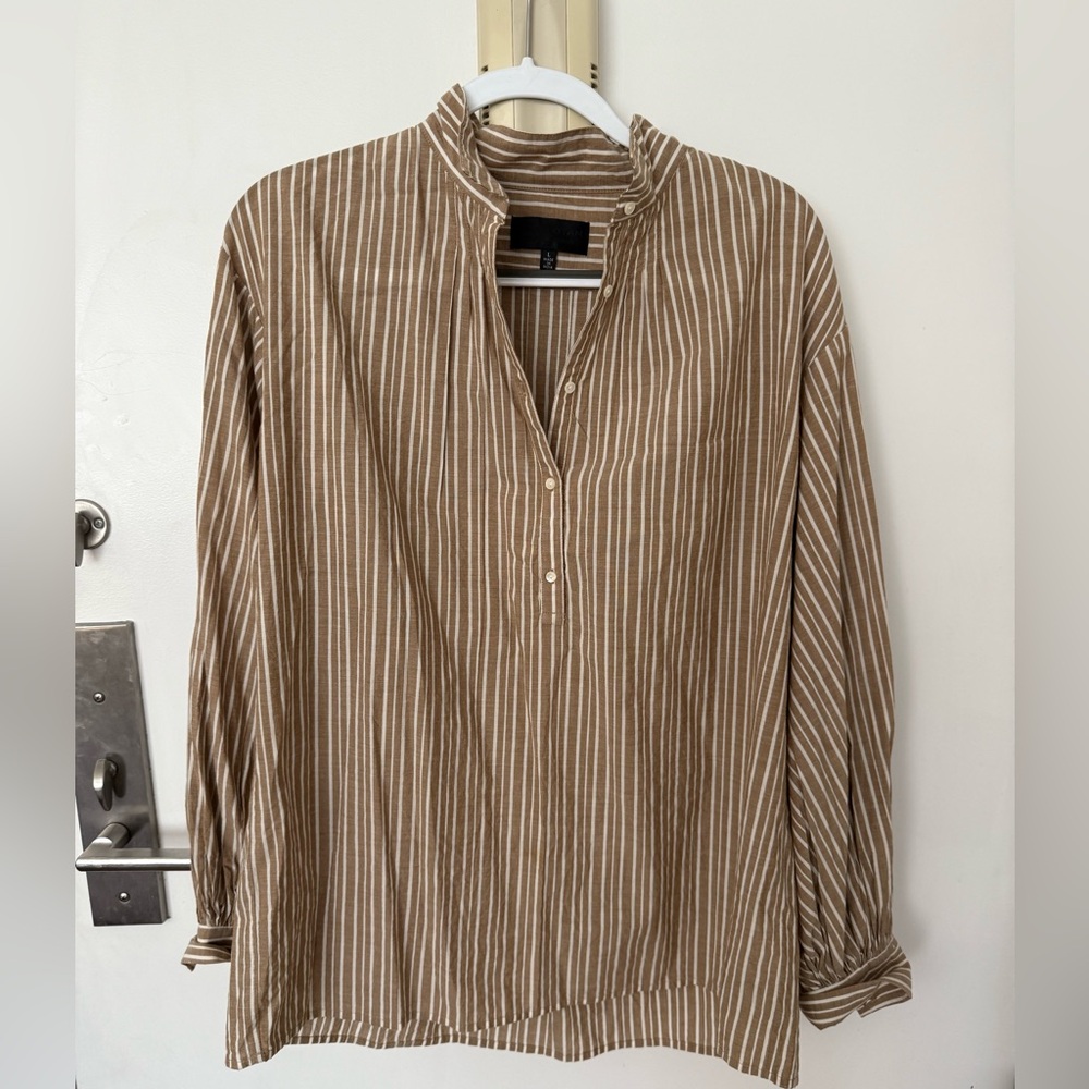 Nili Lotan Tan and White Striped Tunic Blouse